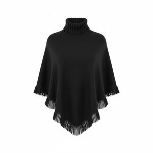 Steve Madden Black Fringe Poncho Turtleneck Cape Boho Winter Wrap OS